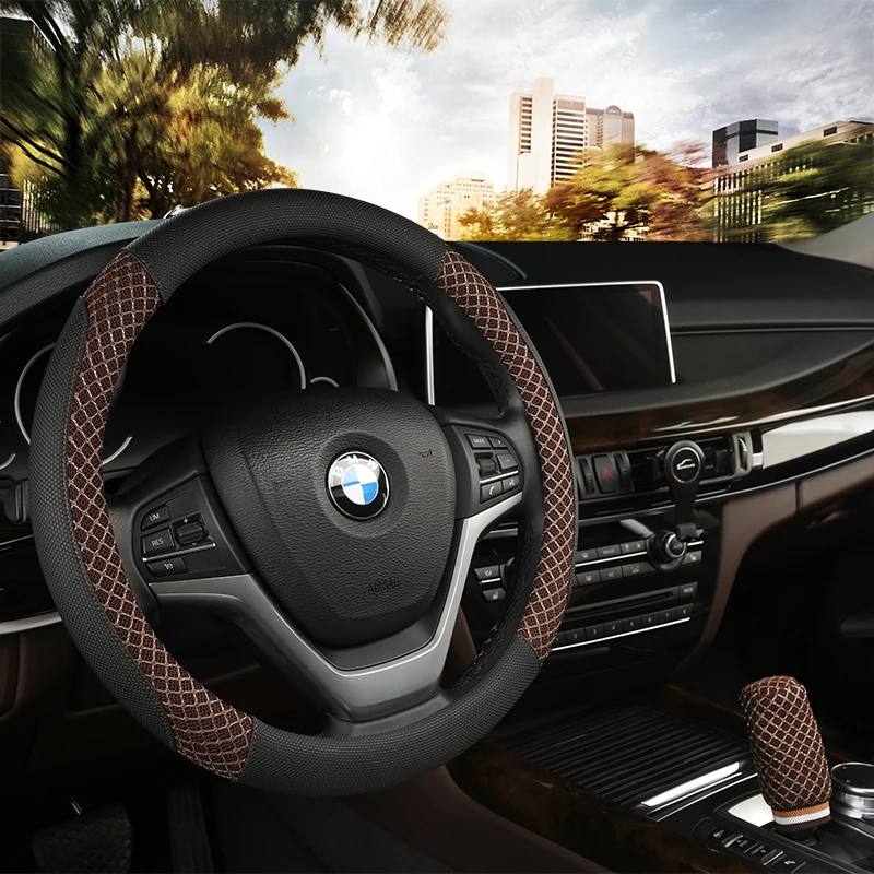 

KKYSYELVA Steering-Wheel Black Car Sport Steering Wheel Cover Leather Steering Covers Universal 38CM wheel cover