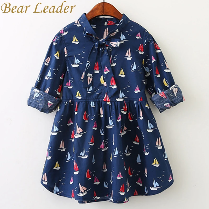 

Bear Leader Girls Dress 2018 New Spring Baby Girls Full Sailboat Print Ribbon Bow Kids Children Clothing Dress For 3-7 Years