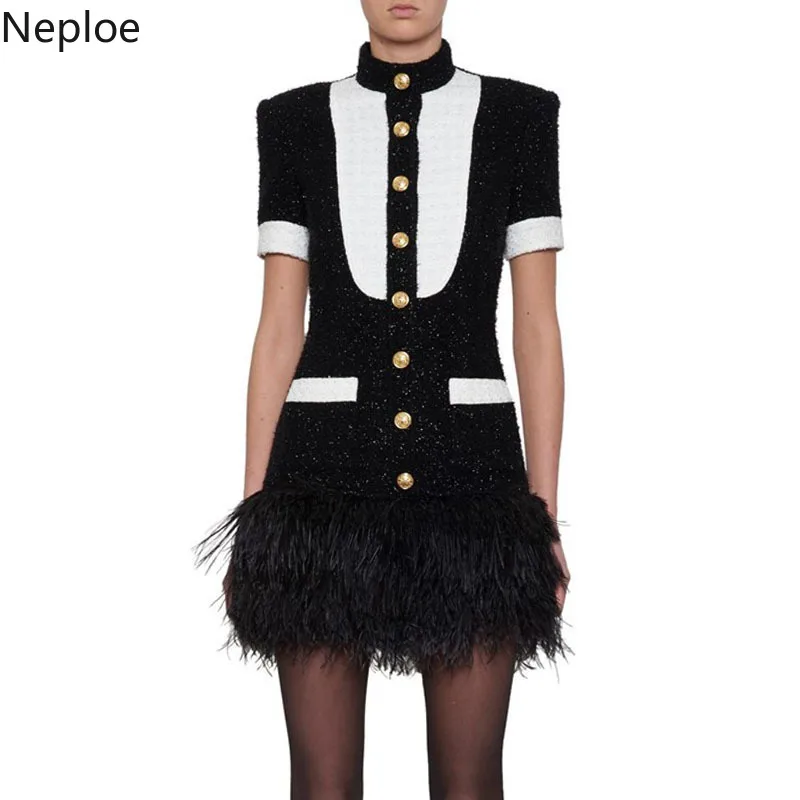 Neploe Pockects поддельные перья лоскутное Vestido однобортное элегантное женское