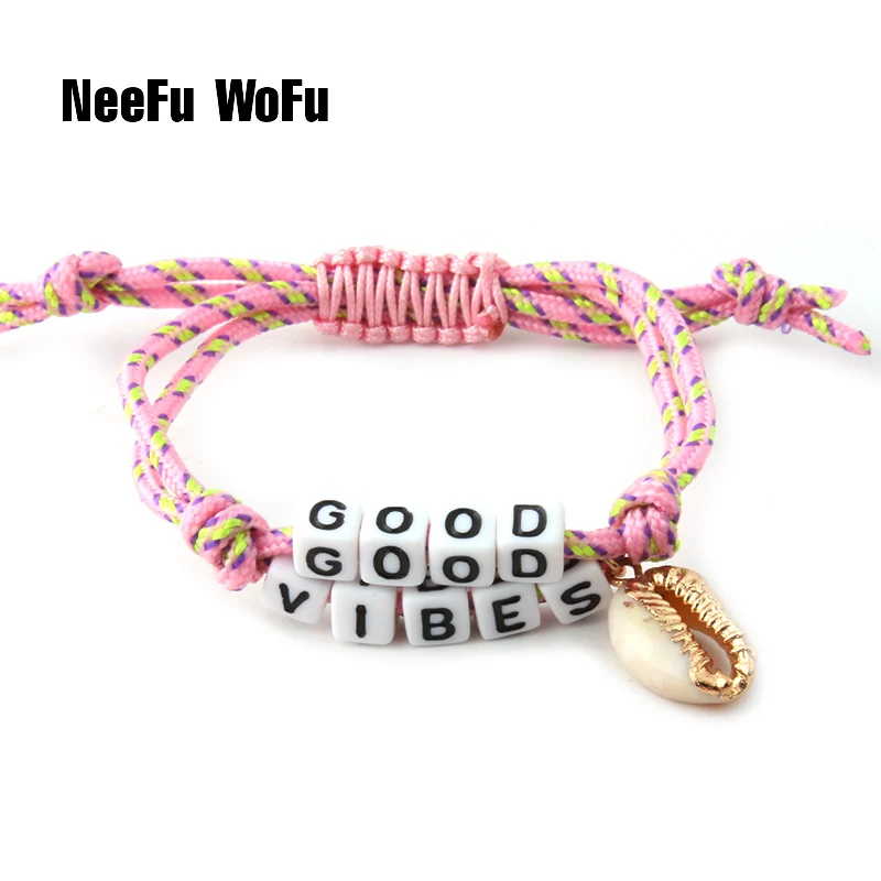 

NeeFuWoFuLittle girl letter Bracelets pink Rope Bohemia de Madera Pulseira Estrela de Cinco Pontas adjustable Bracelet Perles