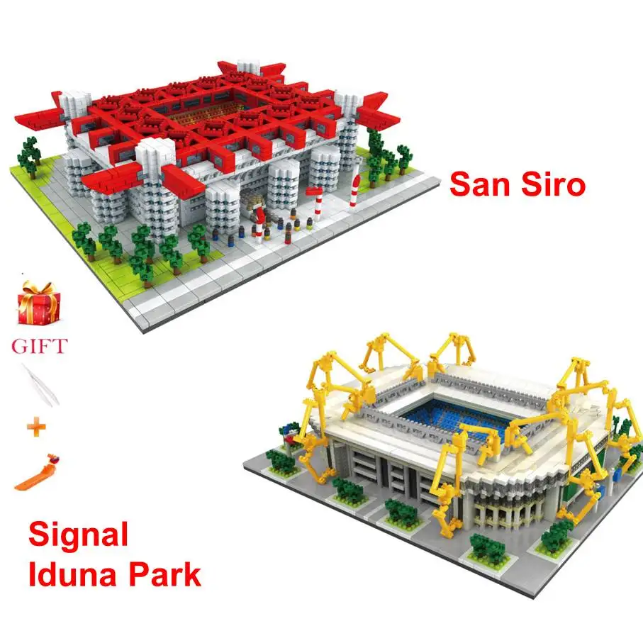 TOP Assemble Architecture San Siro Football Field Signal Iduna Park Stadium Building Blocks Educational