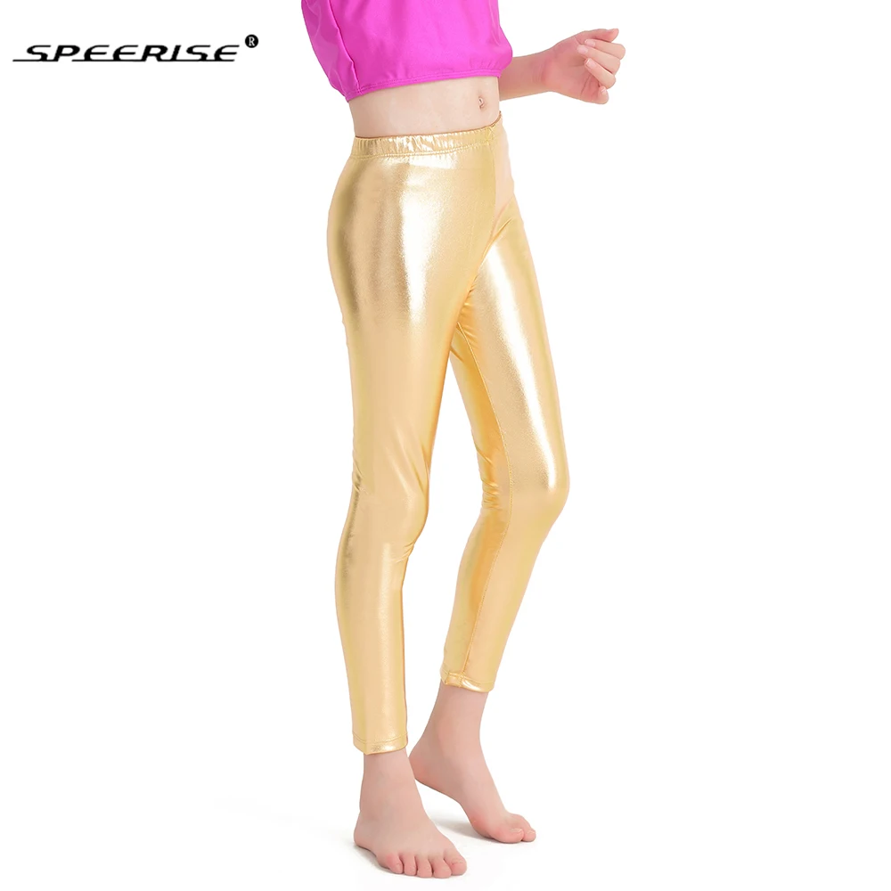 SPEERISE Children Ankle-length Pants Gold Girls Shiny Metallic Lycra Spandex Dance Ballet Silver Leggings Free Shipping