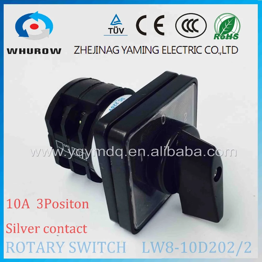 

Rotary switch 3 position LW8-10D202/2 universal switch 10A 2 poles 8 Terminal black rotary changeover cam switch silver contact