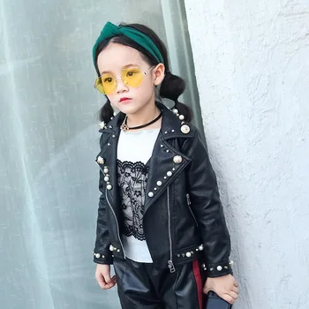 

ideacherry PU Leather Girls Jackets Spring Autumn Girl Pearl Clothing Coats Children Warm Short Outwear For Baby Kids Clothes
