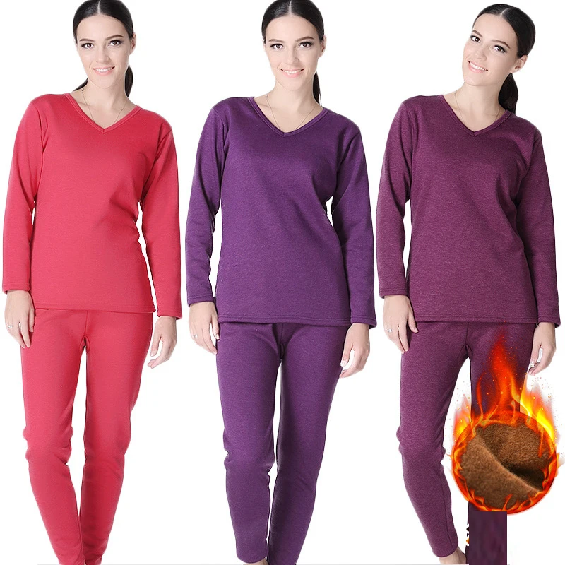 

Plus Size XL-6XL Winter Thermal Underwear suits Women long johns V collar shirt pants 2 pieces set Velvet Thick warm Pajamas