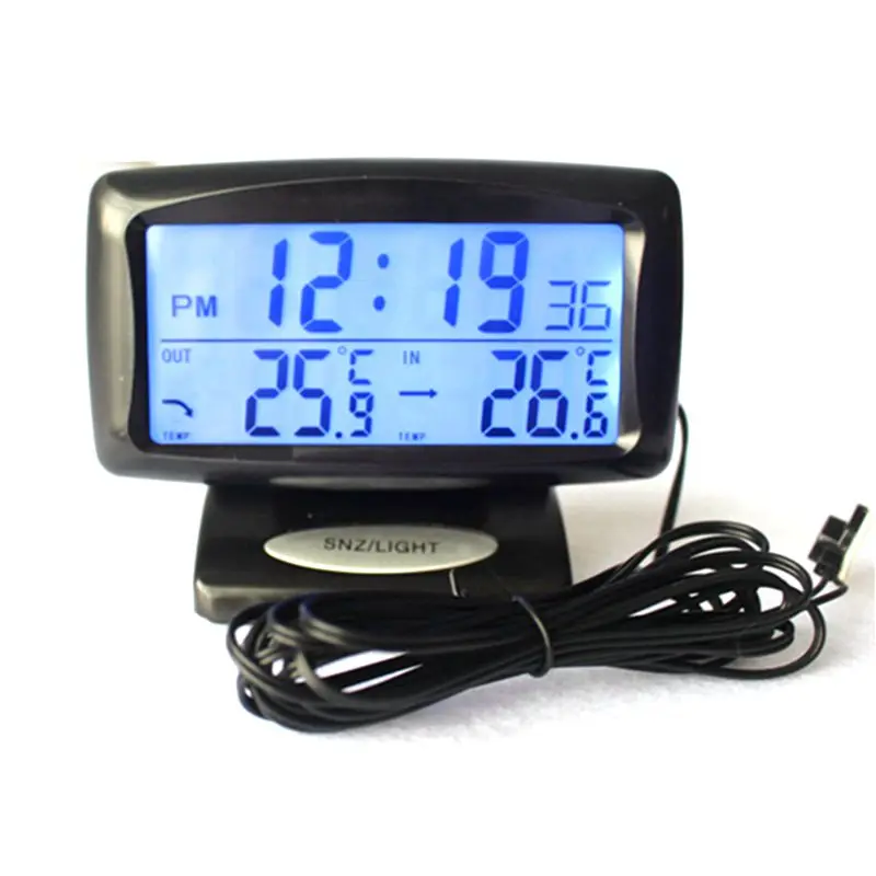 

Digital Car Indoor And Outdoor Thermometer Alarm Clock Temperature Meter LCD Blue Backlight With Sensor