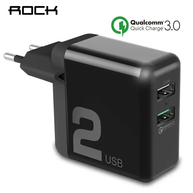 Kopen QC3.0 USB Lader, ROCK Dual USB 30 W Quick Smart QC 3.0 FCP Telefoon Lading Universele Voor Xiaomi iPhone Samsung Huawei EU Plug