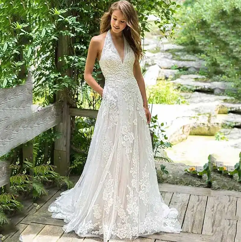 halter top a line wedding dress