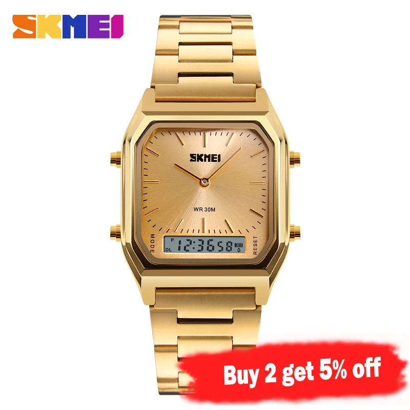 SKMEI العرض المزدوج المعصم الرجال عارضة الازياء ووتش الفولاذ المقاوم للصدأ حزام 30 M مقاومة للماء الرياضة الساعات 1220