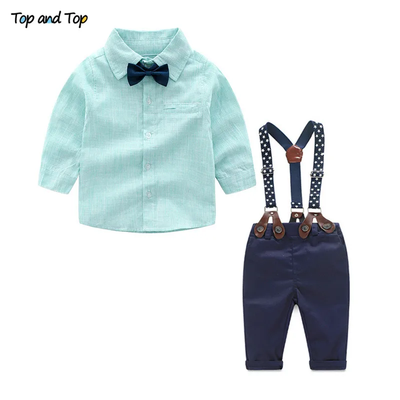 Топ и топ, комплект одежды для маленьких мальчиков, Костюм Джентльмена Детская рубашка с короткими рукавами и галстуком-бабочкой+ шорты на подтяжках повседневная одежда для маленьких мальчиков - Цвет: Зеленый