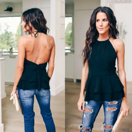

2019 Fashion Women's Summer Solid Sexy Sleeveless Backless Bandage Halter Tank Tops Lady Cool Club Party Wild Vest Tops S-XL