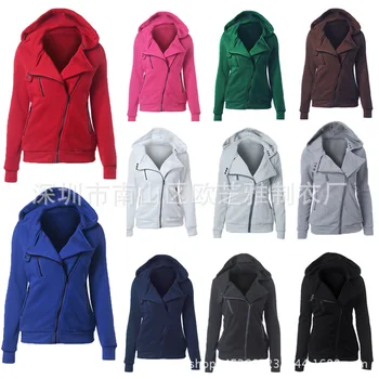 

European & American Women's Fashion Hooded Long-sleeved Clothing Solid Diagonal Zipper Street Hipster Hoodies Sweatshirts DY17