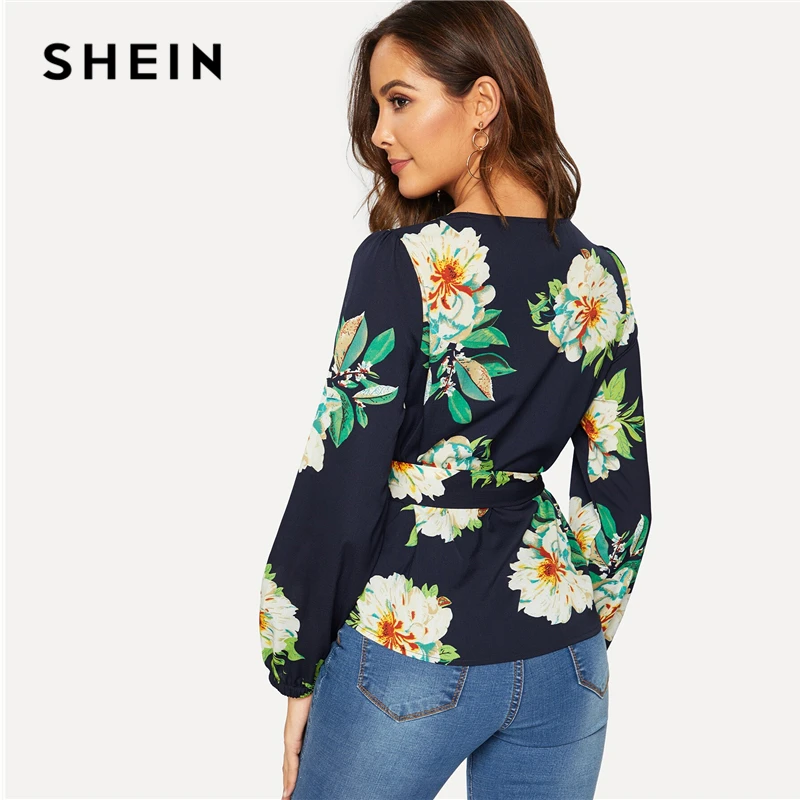 SHEIN белая блузка с цветочным принтом и поясом, пышные плечи, длинный рукав, круглый вырез, женская блуза, повседневная, весна, топы и блузки