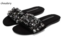 2017 Fashion Women Flat Shoes Rhinestone Slides Crystal Embellished Sandals Sexy Black Beach Shoes Woman Slippers Real Photo