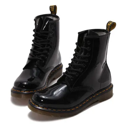 

2019 Fashion Black patent women genuine leather boots cowhide boots English overalls boots men's and women's boots