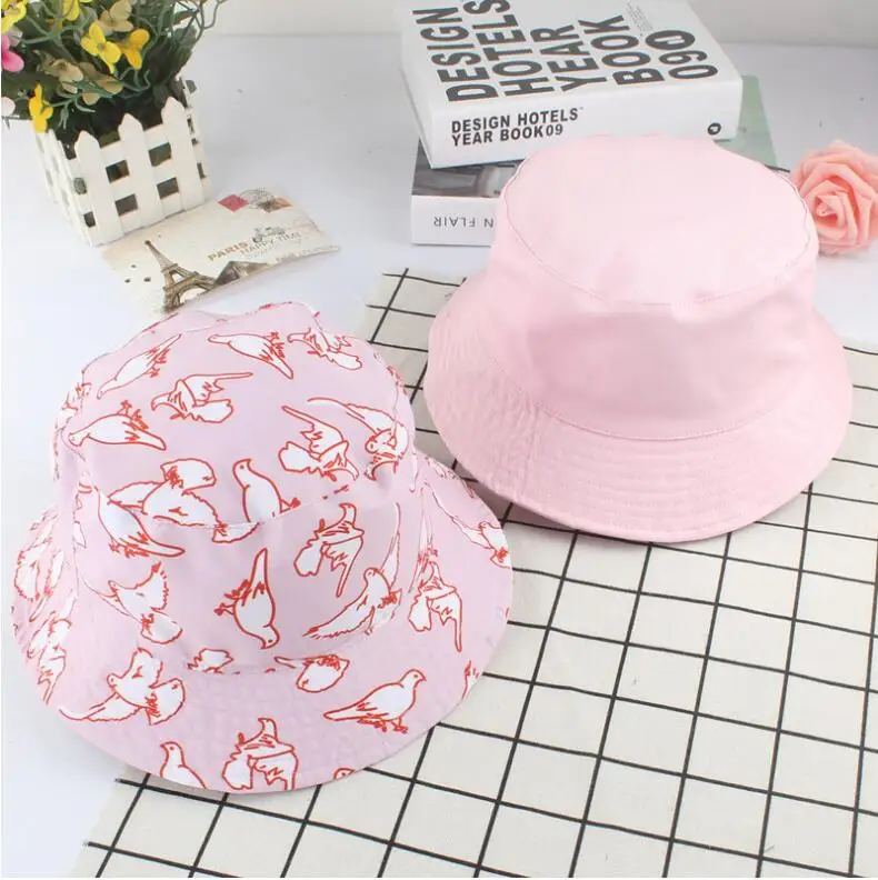 

2018 Two Side Reversible Cartoon Dove Bucket Hat Cat Tiger Fashion Bob Caps Gorros Men Summer Panama cap Fishing Bucket Hat PINK