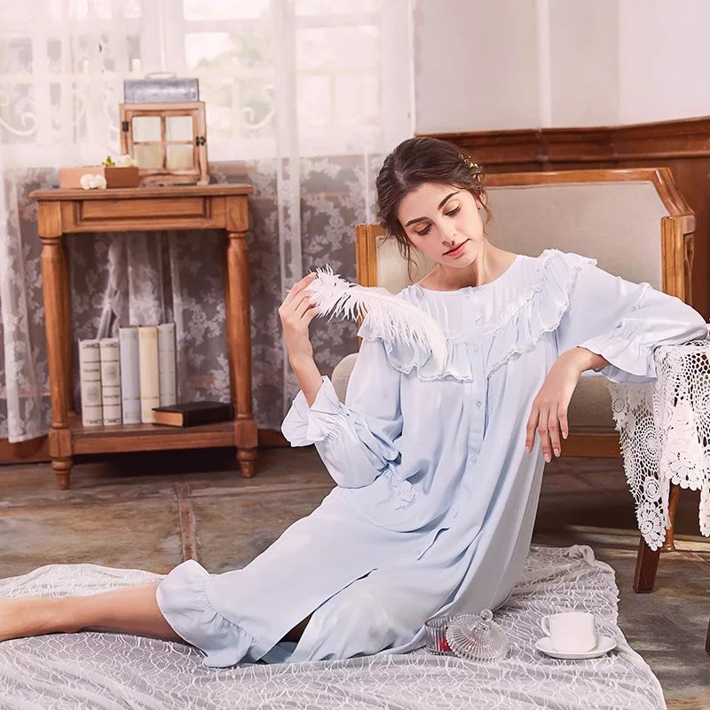 Full Sleeve Long Blue Nightgown Plus Size Nightdress Cotton Vintage