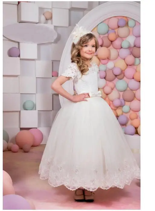 

Girls Wedding Formal Dresses 2018 Shortsleeve Lace Gauze Prom Ball Gown Flowers Girls Princess Dress Kids Long Party Dress White