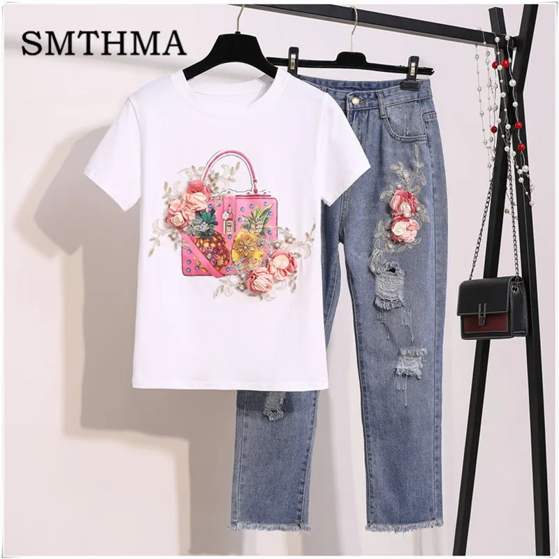 

Women Beaded 3D Flower Fashion bag T-shirts +Hole Denim Pants Sets Calf-Length Trousers 2 piece Suits for Female Woman