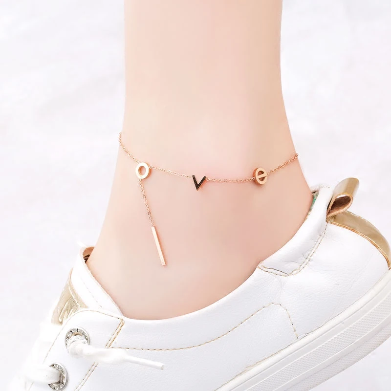 

18KGP Rose Gold Color Titanium Steel LOVE Letter Anklet Woman Gift 316L Stainless Steel Jewelry Not Fade (GA120)