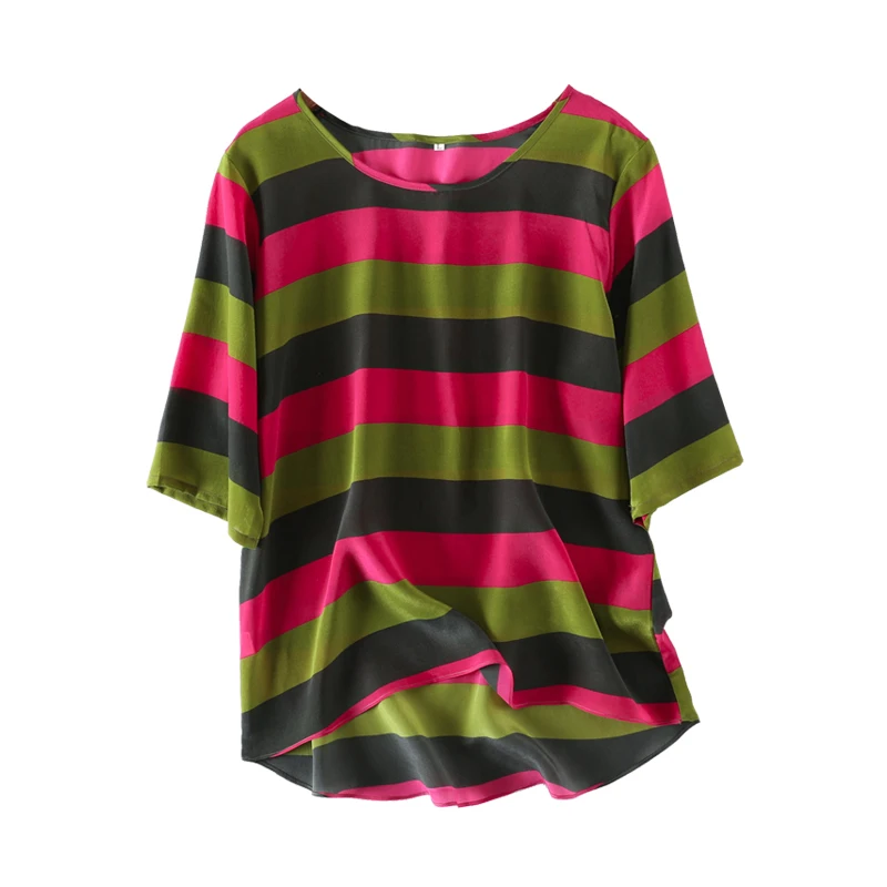 

Women Summer Silk Blouse O neck Short sleeve office OL casual natural silk blouses Striped real silk basic summer shirt tops
