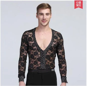 

New style men's Latin dance costumes senior lace long sleeves men's latin dance body shirt for men's latin dance shirts