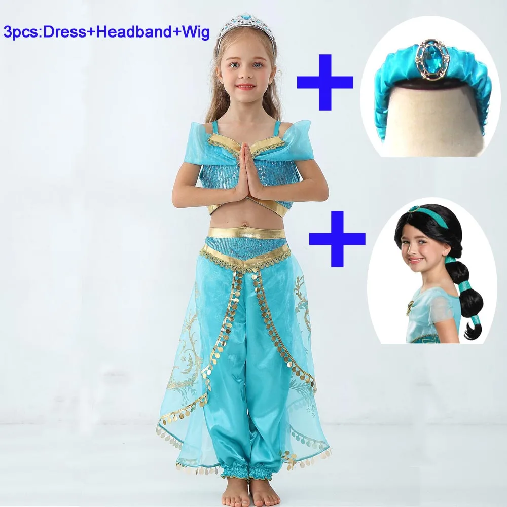 Детский костюм Аладдина, костюм принцессы жасмина для косплея, костюм для девочек, нарядное танцевальное платье, топ+ штаны, можно добавить парики, комплект костюмов - Цвет: dress Wig Headband
