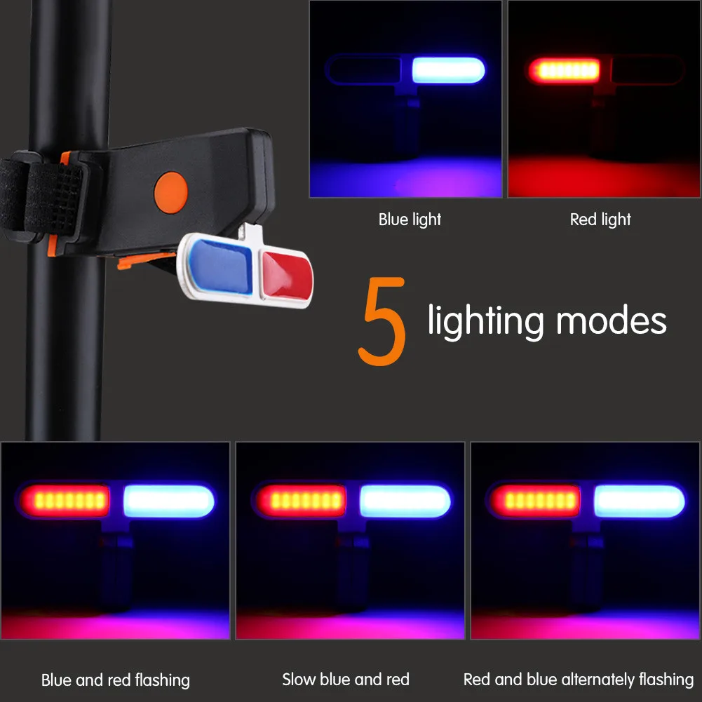 

Durable USB Rechargeable Bright Bike Rear Light Tail Lamp LED Bicycle Warning Safety Waterproof 5 modes blue/red Flashing Light