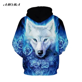 

AMOMA Unisex Realistic 3D Digital Print Pullover Hoodie Hooded Sweatshirt Wolf Blue Rose S-5XL