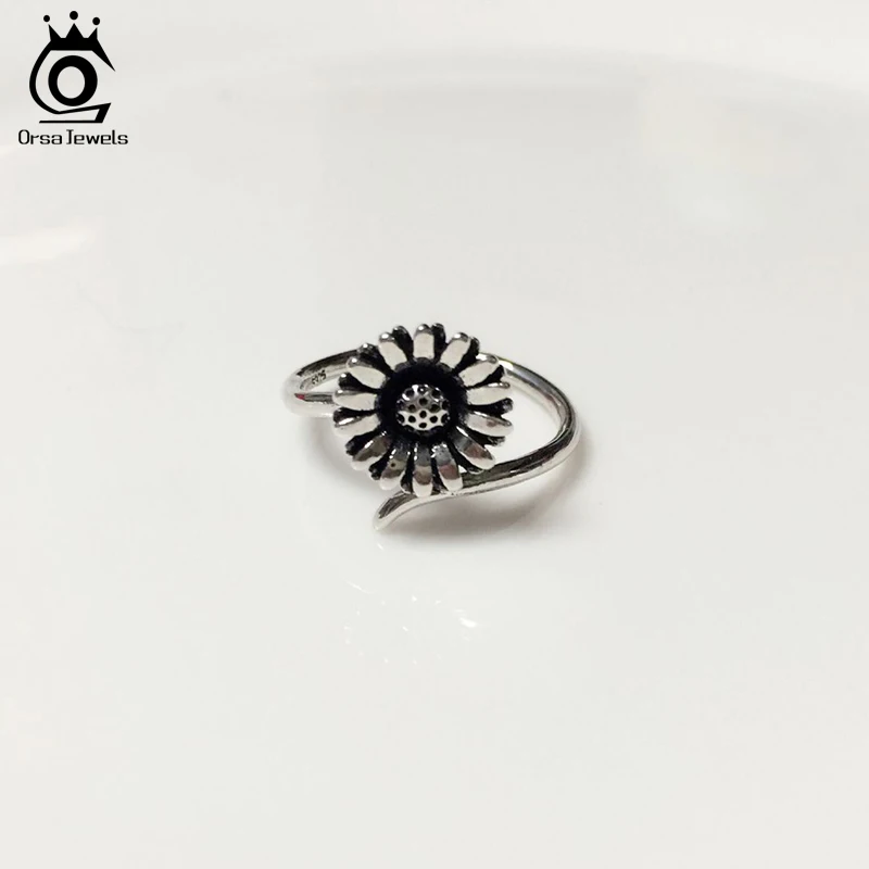 ORSA JEWELS Real 100% 925 Sterling Silver Ring Women Daisy Shape Vintage Adjustable Wholesale Female Girl Silver Jewelry PSR48