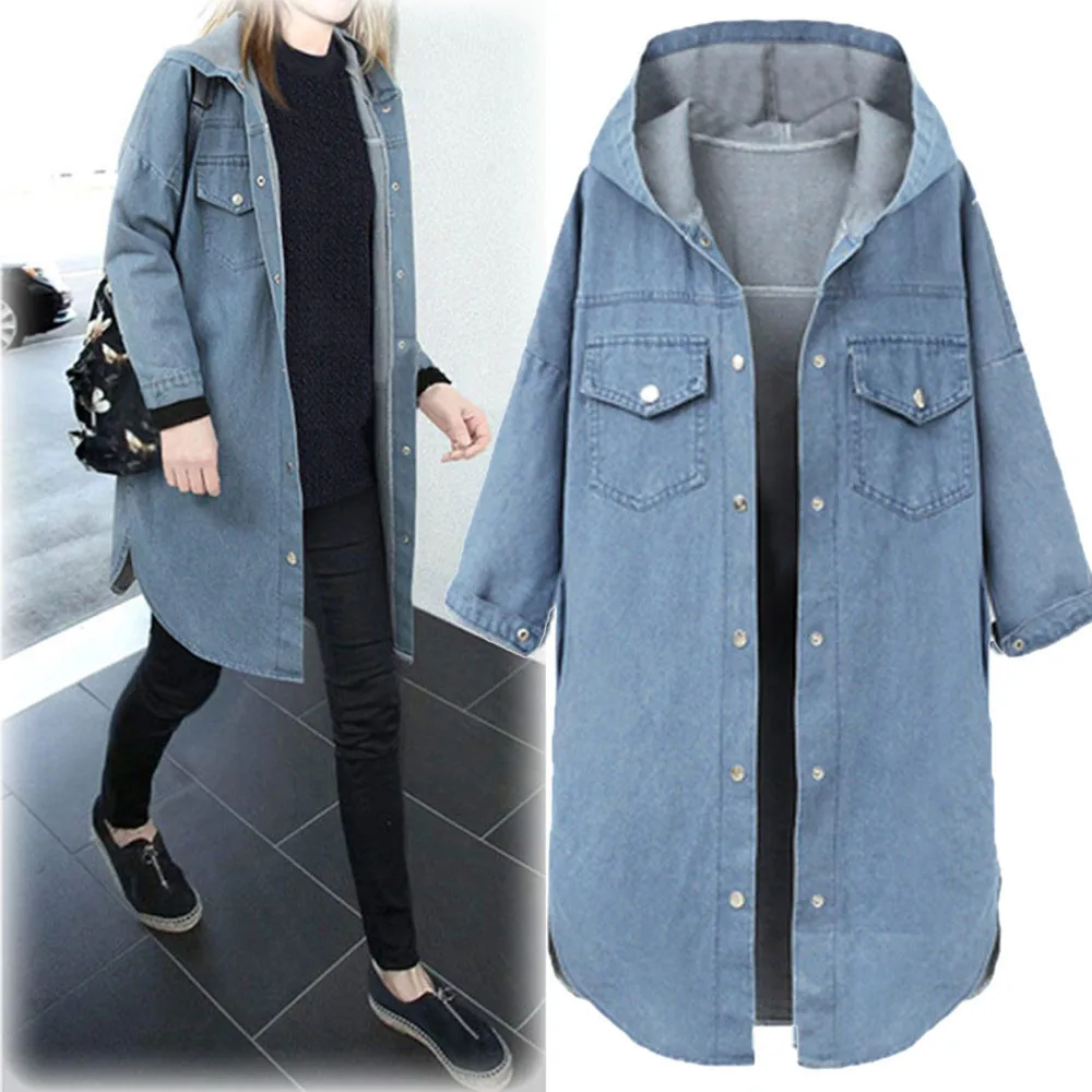 Feitong 2018 Women Plus Size Casual Hooded Long Sleeve Denim Jacket Long Jean Coat Overcoat-in 