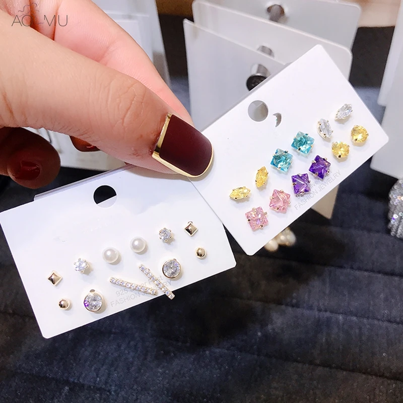 

AOMU 6 Pairs/Set S925 Sterling Silver Pin Pearl Color Zircon Crystal Stud Earrings For Women Girl Jewelry Gift