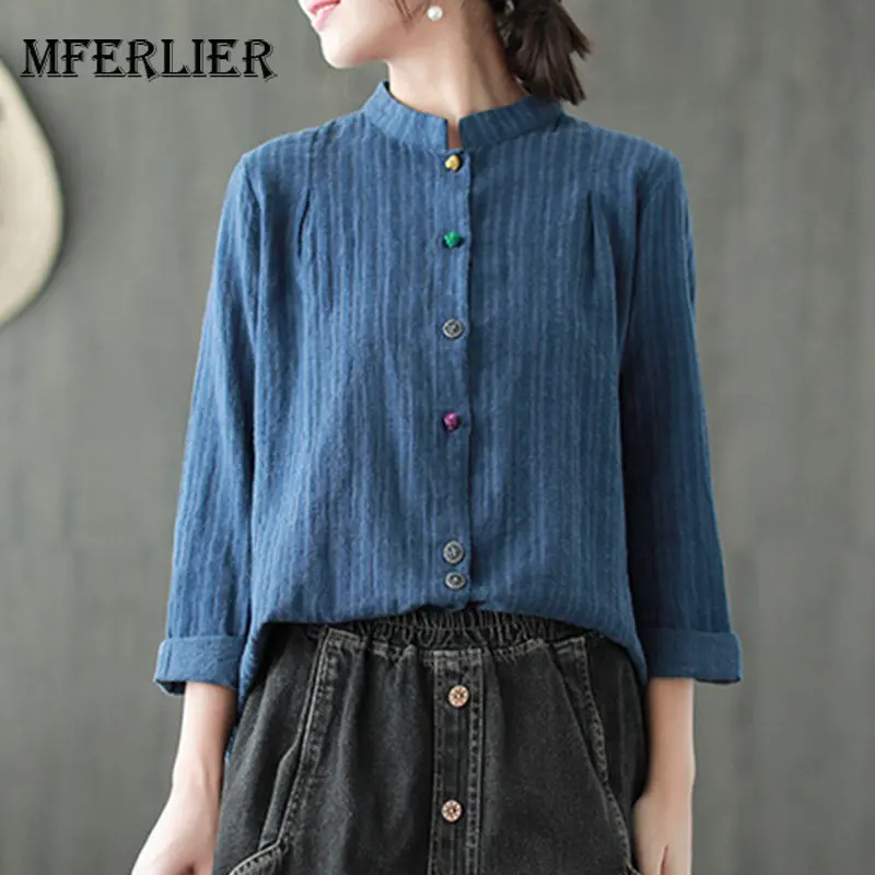 Mferlier Women Blouse Stand Collar Long Sleeve Panelled Colorful Buttons Cotton Linen Artsy Ladies Autumn Blouse - Цвет: Blue