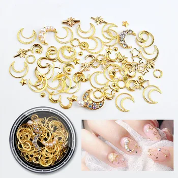 

Nail art hollow metal frame mixed shape moon star pearls gold silver Drawing line DIY 3D nail art jewelry decoration MZ015