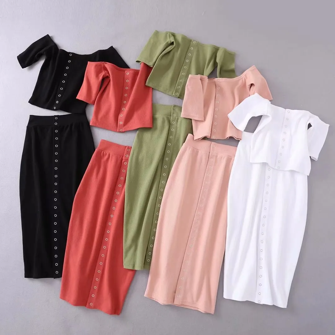 

Solid Knitted Front Button 2 Piece Set Women Suit Bodycon Slim Off Shoulder Crop Top and Skirt Set Summer Outfit Two Piece Set