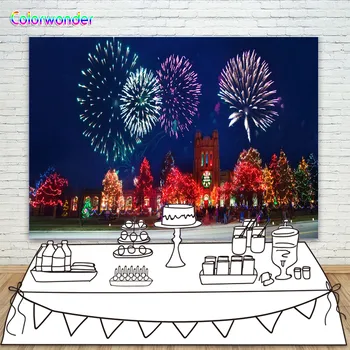 

Ancient Brick Castle and Trees with Colorful Lights Background Photography Blue Dark Night Scenery with Fireworks Vinyl Backdrop