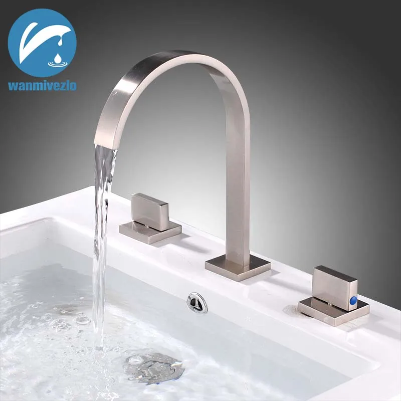 

Modern Waterfall Spout Bathroom Sink Faucet Dual Handle Widespread Basin Mixer Tap Deck Mount Cold Hot Washington Vessel Taps