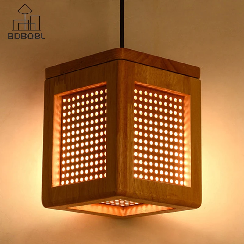 

BDBQBL Wood Pendant Lights Square Loft Decor Hanging Lamp E27 Light Fixtures for Living Room Dinning Hall Study Bar Dia15cm