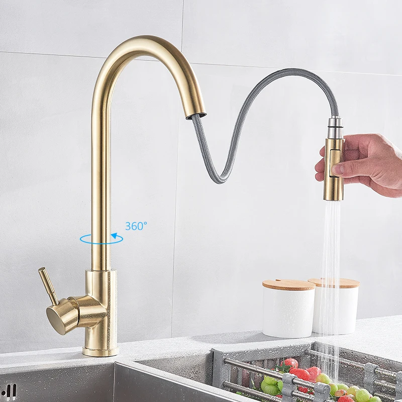  Quyanre Brushed Gold Kitchen Faucet Pull Out Kitchen Sink Water Tap Single Handle Mixer Tap 360 Rot - 33019442170
