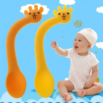 

Baby Deer Spoon Feeding Practice Training Silicone Safe Kids Cutlery Dishes Food Cartoon Cute Soft Heat Resistance Spoons