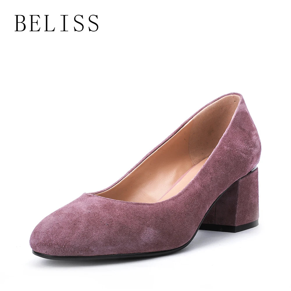 

BELISS 2019 women pumps square thick heels ladies pumps slip on shallow comfortable genuine leather shoes for woman round toe D5