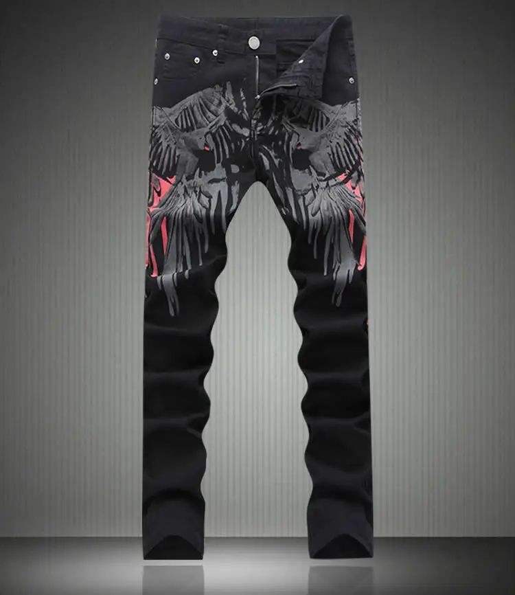 

Fashion New Novelty Animal Wing Print Denim Trousers Man Black Slim Jeans