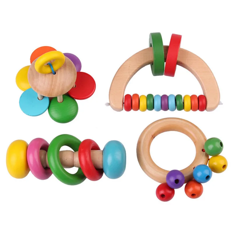 Delicate Flower shaped Baby Wooden Rattle Toy Handbell Musical Educational Instrument Toddlers