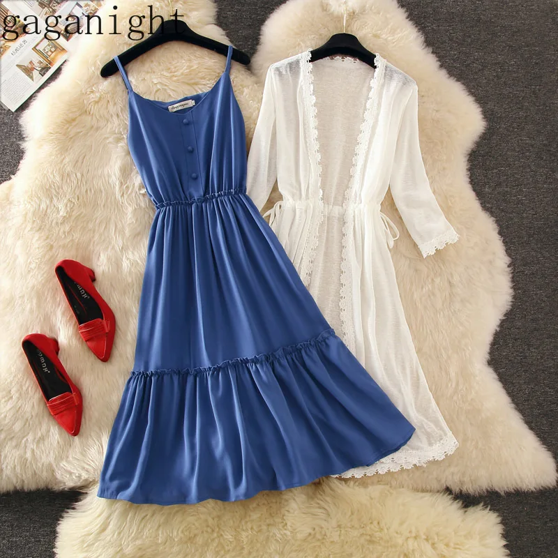 

Gaganight Two Piece Set Women Blue Midi Shoulder Off Dress Sundress White Long Lace Cardigan 2 Piece Set Women Ensemble Femme