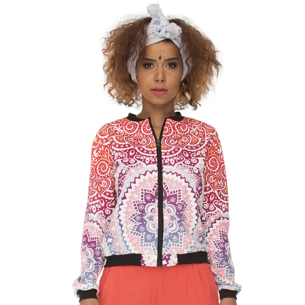 

Hot Sales Women Bomber Jacket Mandala Aztec Round Ombre Printing Jaqueta Feminina Fashion Slim Basic Jacket for Woman