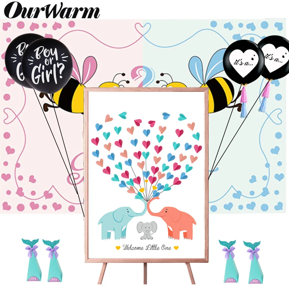 

OurWarm Baby Shower Gender Reveal Elephant Guestbook Balloon Photo Backdrop Tapestry Paper Candy Bags Table Skirt Party Decor