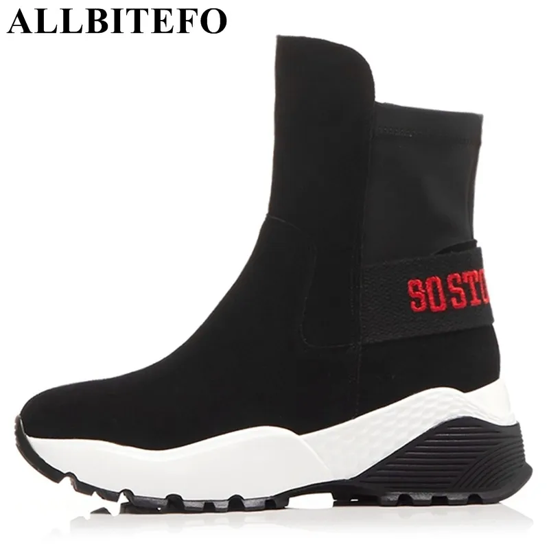

ALLBITEFO fashion genuine leather +Elastic material wedges heel High quality women platform boots ankle Martin boots girls shoes