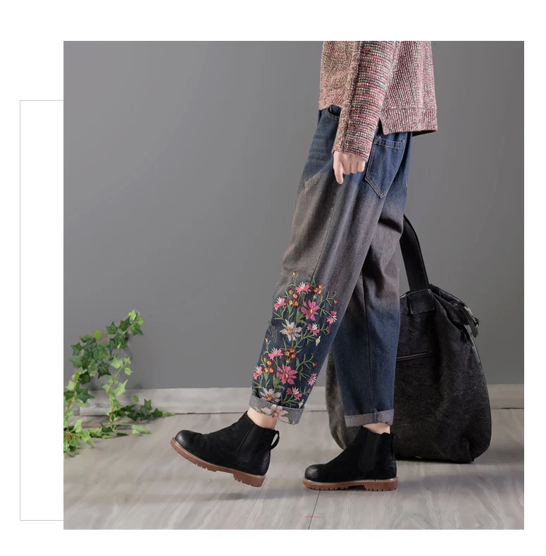 Весна Осень Мода Высокая талия Винтаж цветочные женские джинсы с вышивкой повседневные для женщин, с эластичным поясом винтажные шаровары