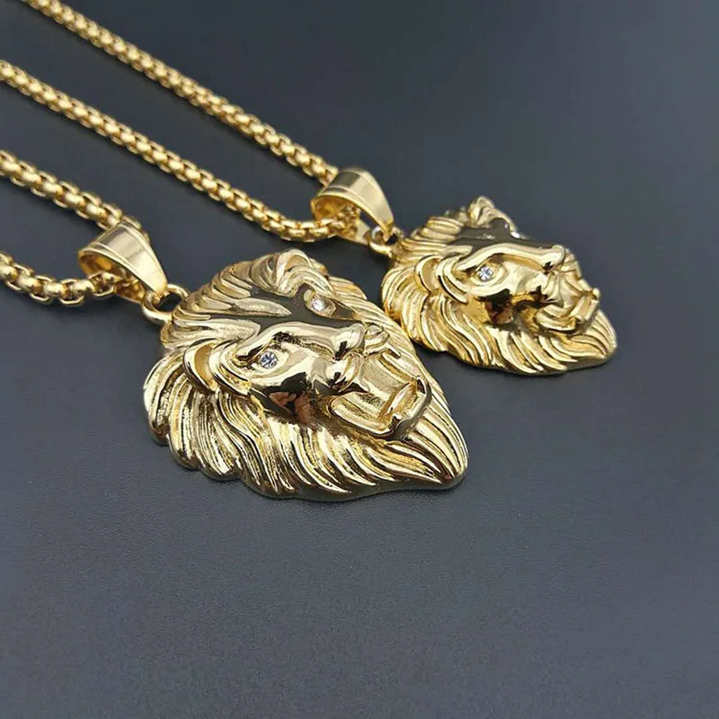 

Hip Hop Rock Bling Gold Color Stainless Steel Animal Male Lion Pendant Necklace for Men Rapper Jewerly with 24" Gold Chain