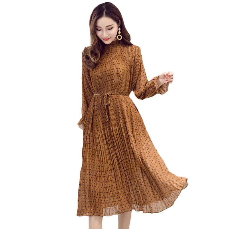 

2018 Fashion Floral Pleated Chiffon Dress Spring Large Size Women's Casual Long Sleeve Turtleneck Dress Midi Vestidos Femme Z531